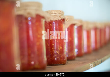 Tomates en conserve dans des bocaux en verre sur la planche en bois. Banque D'Images