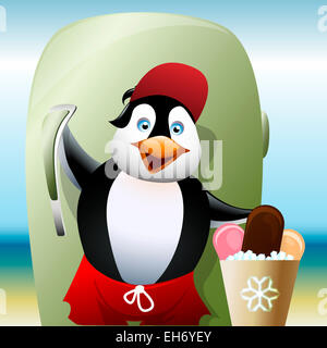 Drôle illustration de petit pingouin qui reste sur une plage près d''un réfrigérateur et vend des glaces Banque D'Images