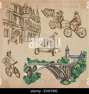 Billet : LUXEMBOURG (lot no3) - Collection d'un hand drawn vector illustrations. Chaque dessin se composent de trois couches de lignes, t Illustration de Vecteur