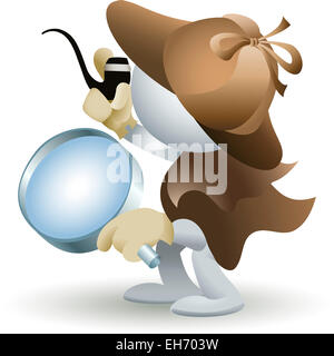 Illustration avec l'homme simplifié en vêtements rétro détective qui est titulaire d'une loupe dans la main comme allégorie de l'ordinateur Banque D'Images