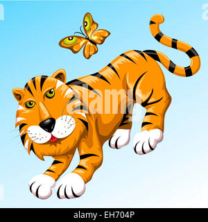 Illustration drôle avec Tiger et papillon voletant de coloration d'un tigre dessiné dans un style cartoon Banque D'Images