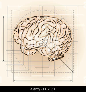 Illustration avec cerveau humain carte dessinée dans le style rétro Banque D'Images