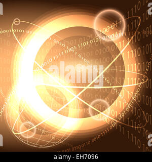 Illustration avec les cercles lumineux et des bulles contre l'arrière-plan de code binaire futuriste comme métaphore de l'espace cybernétique mondiale Banque D'Images