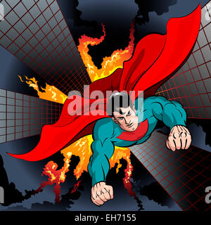 Illustration avec le vol du super-héros pour lutter contre la criminalité et protéger la ville dessiné en style BD Banque D'Images