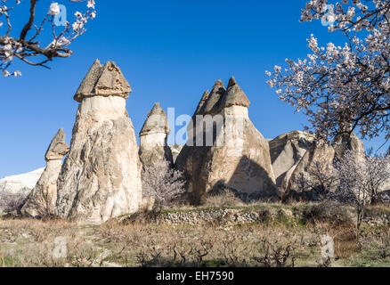 Célèbre, aux formes curieuses et bouché la cheminée de fées geological formations rocheuses près de Göreme, Cappadoce, Turquie Banque D'Images