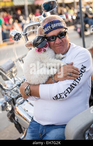 Daytona Beach, FL, USA. Mar 8, 2015. Un motard hugs son caniche vêtu d'un chapeau et de lunettes aux côtés d'Harley Rue principale au cours de la 74e congrès annuel de la Daytona Bike Week 8 mars 2015 à Daytona Beach, en Floride. Plus de 500 000 motards et les spectateurs se rassemblent pour un événement au long de la semaine, le plus grand rallye moto en Amérique. Crédit : Richard Ellis/ZUMA/Alamy Fil Live News Banque D'Images