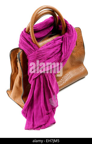 Sac en cuir marron et violet foulard isolated Banque D'Images