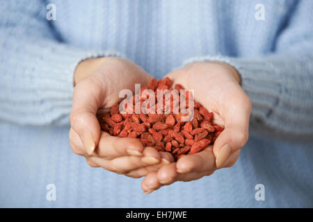 Close Up of Woman Holding Poignée de baies de Goji Banque D'Images