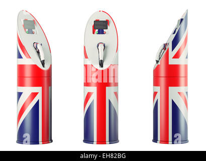 Eco fuel : trois stations de chargement avec Union Jack flag pattern pour voitures électriques on white Banque D'Images