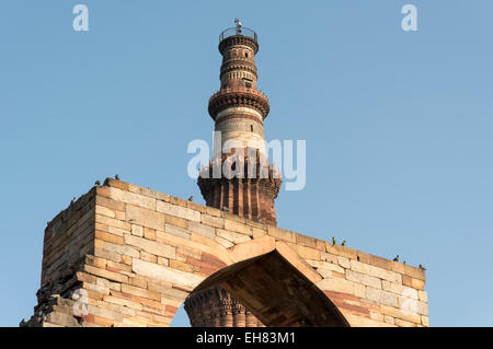 Arc de Quwwat-ul-Islam Mosquée et de Qutb Minar, Delhi, Inde Banque D'Images