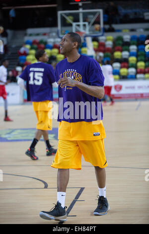 L'équipe de basket-ball jouer Lions Londres Leicester Riders, dans la deuxième partie de la demi-finale du Trophée BBL à l'arène de cuivre, Stratford, London UK Banque D'Images