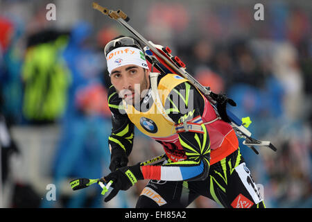 Kontiolahti (Finlande). 05Th Mar, 2015. Le biathlète Martin Fourcade de la France en action au cours de la compétition de poursuite 12,5km aux Championnats du monde de biathlon à Kontiolahti (Finlande), 08 mars 2015. Photo : Ralf Hirschberger/dpa/Alamy Live News Banque D'Images