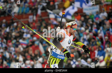 Kontiolahti (Finlande). 05Th Mar, 2015. Le biathlète Michael Roesch de Belgique en action pendant la 12,5km poursuite aux Championnats du monde de biathlon à Kontiolahti (Finlande), 08 mars 2015. Photo : Ralf Hirschberger/dpa/Alamy Live News Banque D'Images