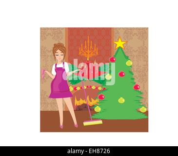 Femme de chambre de nettoyage avant Noël Illustration de Vecteur