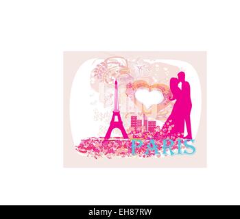 Couple romantique baiser à Paris près de la Tour Eiffel Illustration de Vecteur