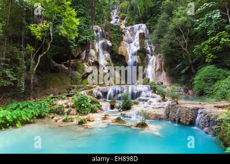 Cascades de Kuang Si, belle cascade de cascades bleu près de la ville de Luang Prabang au Laos. Banque D'Images