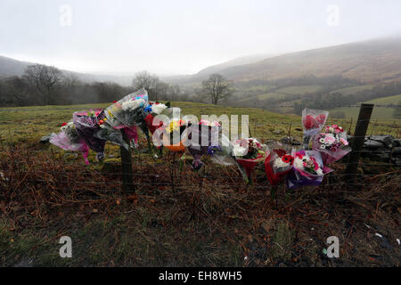 Libanus UK. Le lundi 09 mars 2015 Photo : Fleurs et hommages laissés sur les lieux de l'accident sur l'A470 entre histoire Armes et Libanus près de Brecon, dans le sud du Pays de Galles. Re : l'assistance est accordée aux élèves de l'école Vallée de Glamorgan et un collège de Cardiff après trois adolescents ont été impliqués dans un accident mortel en Powys. Alesha O'Connor, son petit ami Rhodri Miller et Corey Price, les 17 et de Barry, est décédé dans la collision près de Histoire Armoiries, Brecon, tard le vendredi. Margaret Elizabeth Challis, 66, de Pontypridd, a également été tué. Credit : D Legakis/Alamy Live News Banque D'Images