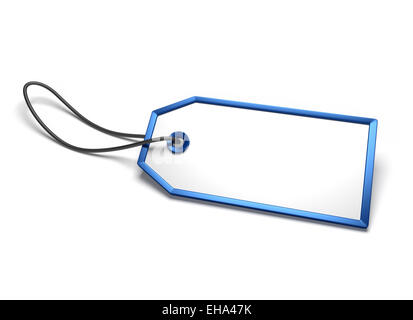 Badge vierge vide avec bordure bleue et ficelle attachée, isolated on white Banque D'Images