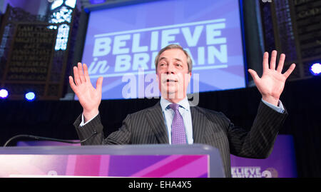 Mercredi 4 mars 2015, Nigel Farage fait un discours au Centre Emmanuel pour dévoiler la politique d'immigration de l'UKIP à Londres. Banque D'Images