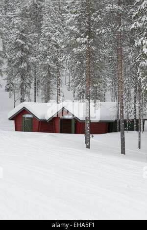 Cabanes en bois dans les bois à la station de ski de Levi Laponie Finlande Banque D'Images