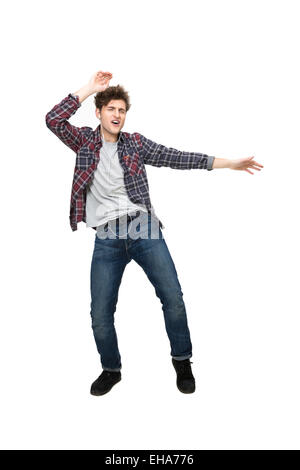 Portrait d'un homme dans les écouteurs Dancing on a white background Banque D'Images