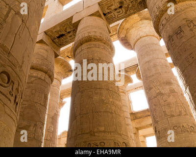 Dans la salle hypostyle du Temple d'Amon à Karnak, Louxor Égypte Banque D'Images