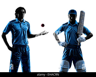 Deux joueurs de cricket en silhouette ombre sur fond blanc