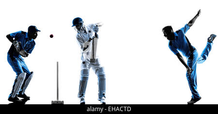 Joueurs de cricket en silhouette ombre sur fond blanc