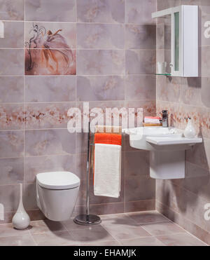 Détail d'une salle de bains moderne avec toilettes et lavabo blanc Banque D'Images