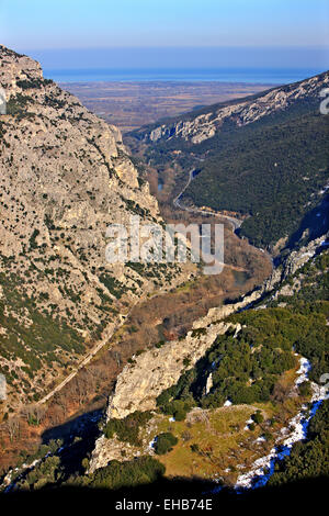 Vue panoramique du Pineios (Peneus) Rivière, traversée de la vallée de Tempi, de kissavos ('Ossa')mountain, Larissa, Thessalie, Grèce. Banque D'Images