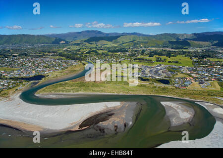 Waikanae Embouchure, Côte Kapiti, région de Wellington, Île du Nord, Nouvelle-Zélande - vue aérienne Banque D'Images