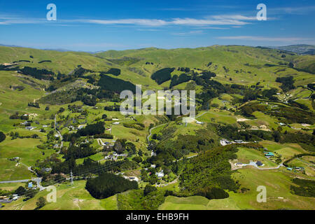 Les terres agricoles, Judgeford, Porirua, Wellington, Île du Nord, Nouvelle-Zélande - vue aérienne Banque D'Images