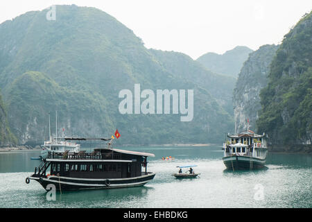 Des bateaux de tourisme de luxe,énormes montagnes de calcaire karstique dans le parc national de Cat Ba, La Baie d'Halong,Ha Long, Ha Long, Halong Bay, Vietnam, Banque D'Images