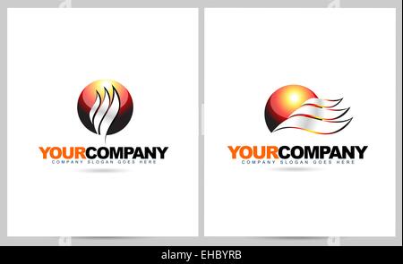 Logo Sun Design. Icône vecteur avec flamme et sphère swashes éléments. Banque D'Images