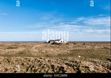 Un bungalow solitaire dans le hameau côtières isolées de Shingle Street, Suffolk, UK, sur la côte est de la Grande-Bretagne - avec un petit chien Banque D'Images