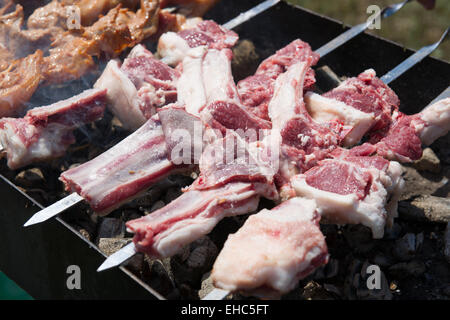 Préparation d'agneau grillées traditionnelle connue sous le nom de shish kebab ou des brochettes. La viande, la fumée et le charbon de la chaleur. Banque D'Images