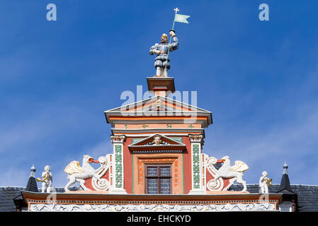 Gable décorations sur les lieux historiques 'Haus zum Breiten Herd', l'hôtel particulier de la Renaissance, centre historique, Erfurt, Thuringe, Allemagne Banque D'Images