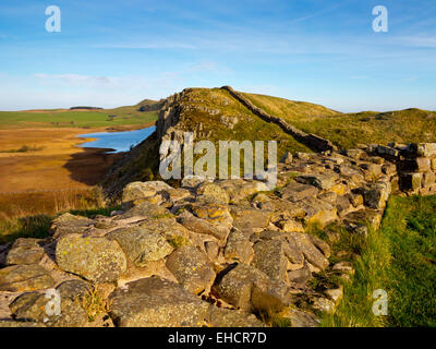 Mur d'Hadrien près de Steel Rigg avec Crag Lough visible dans la distance dans le Parc National de Northumberland North East England UK Banque D'Images