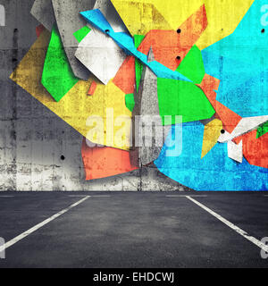 3d abstrait fragment graffiti sur le mur de béton parking intérieur. Photo Collage avec éléments 3d illustration Banque D'Images