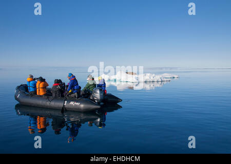 Les touristes en bateau gonflable homme regardant le morse (Odobenus rosmarus) reposant sur le banc de glace dans la mer Arctique, Svalbard, Norvège Banque D'Images