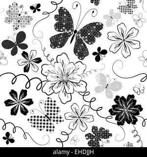 Noir et blanc motif floral transparent Banque D'Images