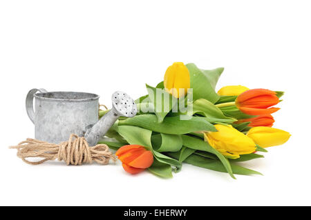 Arrosoir, string et joli bouquet de tulipes sur fond blanc Banque D'Images