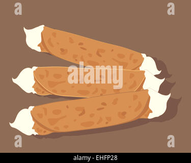 Une illustration de trois abstract brandy snap biscuits de crème fouettée garniture sur un fond brun Banque D'Images