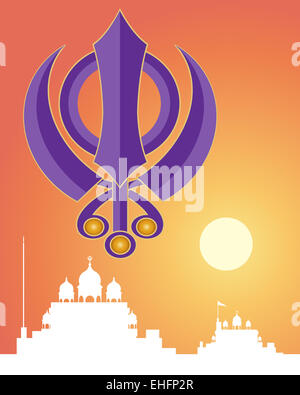 Une illustration de la sainte en symbole Sikh Gurdwara blanc mauve avec l'architecture sur un fond coucher de soleil Banque D'Images