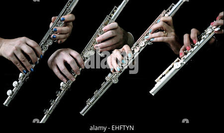 Flute Quartet, Close up sur les mains à fond noir. Mains sur ma flûte, de nombreux flûtistes. Flûte Jazz Quartet. Flûte traversière classique quartet Banque D'Images