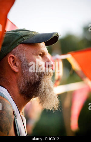 Steve le mal de mer joue sur le kiosque lorsque le soleil se couche au Bestival sur l'île de Wight. Banque D'Images