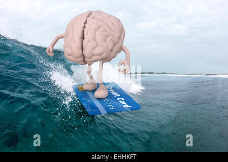 Cerveau humain avec des bras et des jambes avec surf surfboard de carte de crédit, 3d illustration Banque D'Images