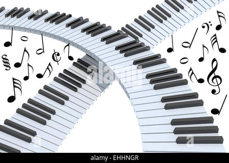 Clavier de piano résumé avec des notes de musique, isolé sur blanc 3d illustration Banque D'Images