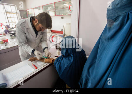 Le personnel de laboratoire de sang, Rohudin femme portant burqa pour prise de sang en laboratoire de l'hôpital central de la Société afghane du Croissant-Rouge, Kaboul, Afghanistan Banque D'Images