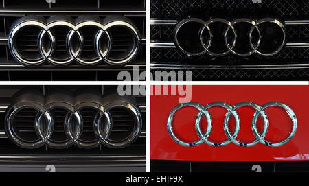 Le logo Audi - COMBO de quatre anneaux entrelacés sur les grilles d'un LP5 (L haut), A8LW 12 R (Haut), S1 (en bas) et l'Audi TT (R bas), à l'Audi forum l'aéroport de Munich, Munich, Allemagne, le 8 mars 2015. Photo : Felix/Hoerhager dpa - PAS DE FIL - SERVICE Banque D'Images